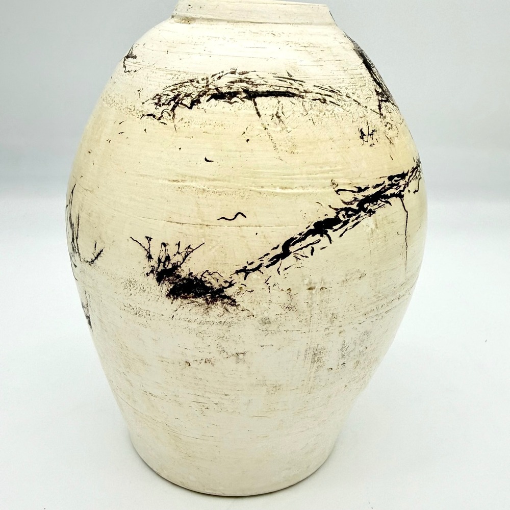Jack Adelman Studio Pottery Horsehair Raku Vase Abstract‎ Cream Black 7.25"